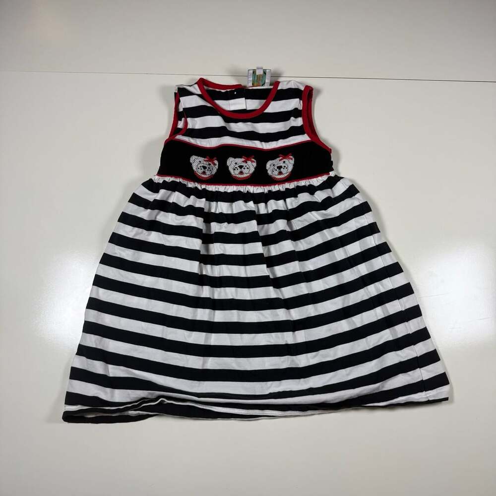 Smocked Dog Boutique Black and White Striped Puppy Applique Dress Size 5